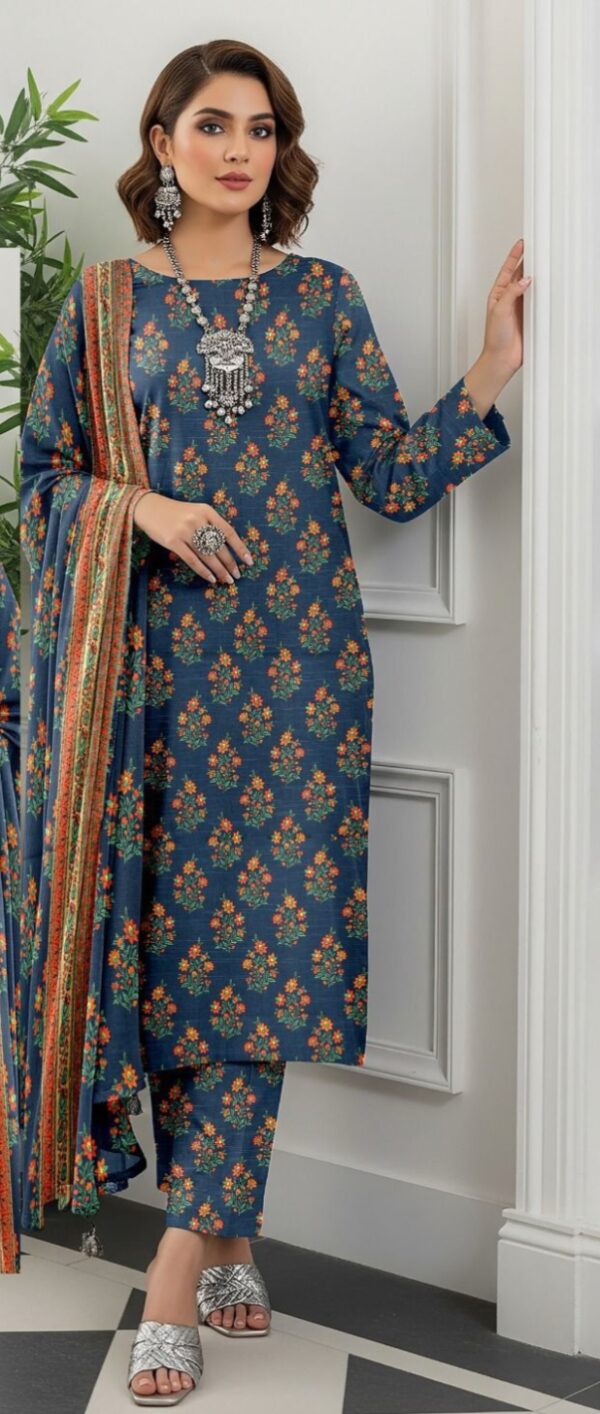 Teal Blue Printed Khaddar 3-Piece Suit