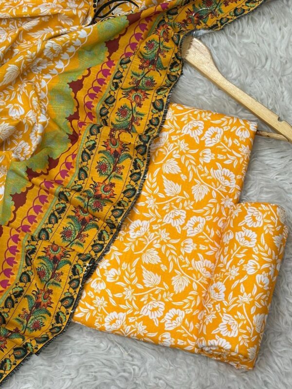 Bright Yellow Floral Printed Khaddar 3-Piece Suit