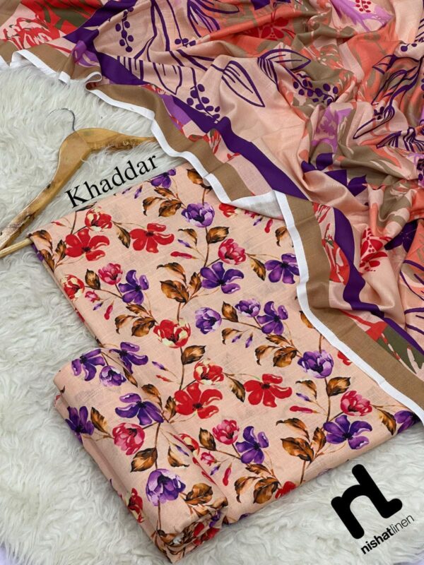 Peach Floral Printed Khaddar 3-Piece Suit